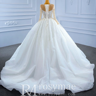 Vintage Beaded Ball Gown Puffy Wedding Dress with Long Sleeve - Rosymae