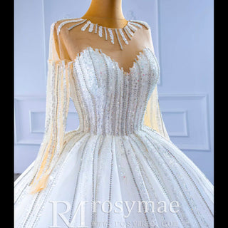 Vintage Beaded Ball Gown Puffy Wedding Dress with Long Sleeve - Rosymae