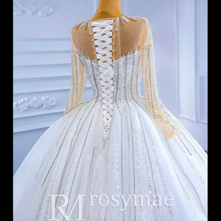 Vintage Beaded Ball Gown Puffy Wedding Dress with Long Sleeve - Rosymae