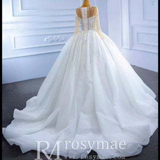 Vintage Beaded Ball Gown Puffy Wedding Dress with Long Sleeve - Rosymae