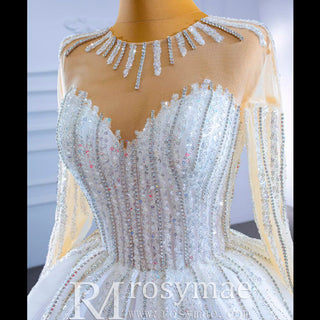 Vintage Beaded Ball Gown Puffy Wedding Dress with Long Sleeve - Rosymae