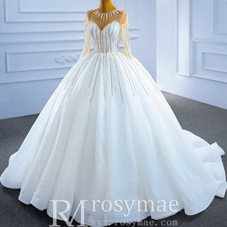 Vintage Beaded Ball Gown Puffy Wedding Dress with Long Sleeve - Rosymae
