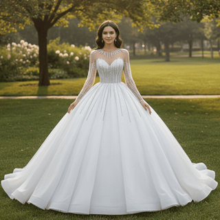 Vintage Beaded Ball Gown Puffy Wedding Dress with Long Sleeve - Rosymae