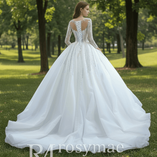 Vintage Beaded Ball Gown Puffy Wedding Dress with Long Sleeve - Rosymae