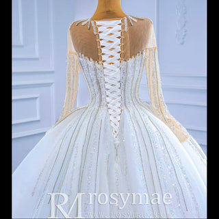 Vintage Beaded Ball Gown Puffy Wedding Dress with Long Sleeve - Rosymae