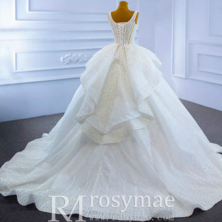 Vintage Beaded Glittery Pearl Ball Gown Wedding Dress with Square Neck - Rosymae