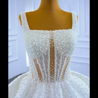 Vintage Beaded Glittery Pearl Ball Gown Wedding Dress with Square Neck - Rosymae