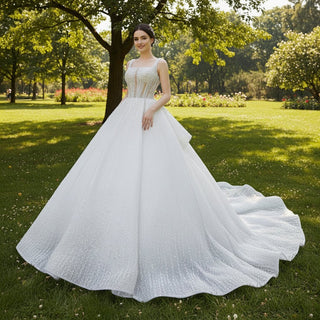 Vintage Beaded Glittery Pearl Ball Gown Wedding Dress with Square Neck - Rosymae