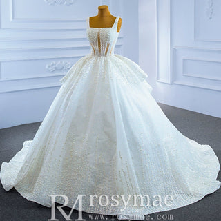 Vintage Beaded Glittery Pearl Ball Gown Wedding Dress with Square Neck - Rosymae