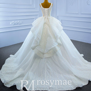 Vintage Beaded Glittery Pearl Ball Gown Wedding Dress with Square Neck - Rosymae