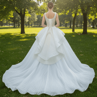 Vintage Beaded Glittery Pearl Ball Gown Wedding Dress with Square Neck - Rosymae