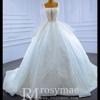 Vintage Beaded Glittery Pearl Ball Gown Wedding Dress with Square Neck - Rosymae