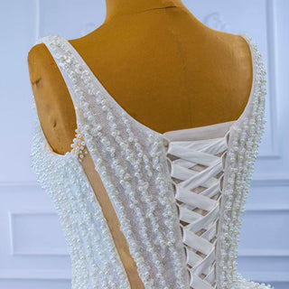 Vintage Beaded Glittery Pearl Ball Gown Wedding Dress with Square Neck - Rosymae