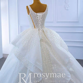 Vintage Beaded Glittery Pearl Ball Gown Wedding Dress with Square Neck - Rosymae