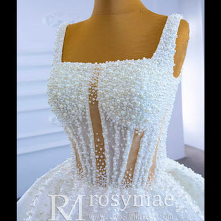 Vintage Beaded Glittery Pearl Ball Gown Wedding Dress with Square Neck - Rosymae