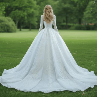 Vintage Beaded Lace Sheer Scoop Wedding Dress with Long Sleeves - Rosymae