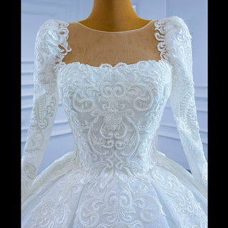 Vintage Beaded Lace Sheer Scoop Wedding Dress with Long Sleeves - Rosymae