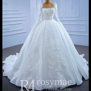 Vintage Beaded Lace Sheer Scoop Wedding Dress with Long Sleeves - Rosymae