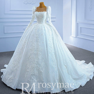 Vintage Beaded Lace Sheer Scoop Wedding Dress with Long Sleeves - Rosymae