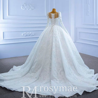 Vintage Beaded Lace Sheer Scoop Wedding Dress with Long Sleeves - Rosymae