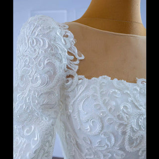 Vintage Beaded Lace Sheer Scoop Wedding Dress with Long Sleeves - Rosymae