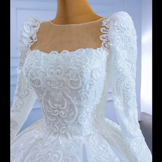 Vintage Beaded Lace Sheer Scoop Wedding Dress with Long Sleeves - Rosymae