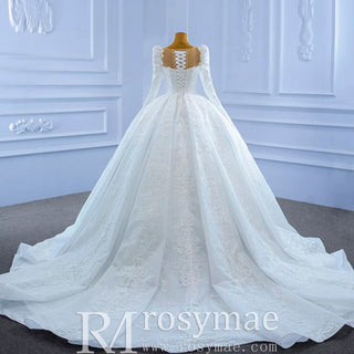 Vintage Beaded Lace Sheer Scoop Wedding Dress with Long Sleeves - Rosymae