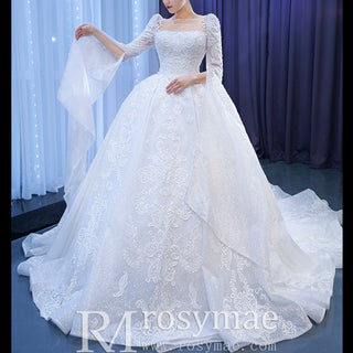 Vintage Beaded Lace Sheer Scoop Wedding Dress with Long Sleeves - Rosymae