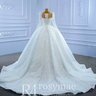 Vintage Beaded Lace Sheer Scoop Wedding Dress with Long Sleeves - Rosymae