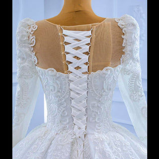 Vintage Beaded Lace Sheer Scoop Wedding Dress with Long Sleeves - Rosymae
