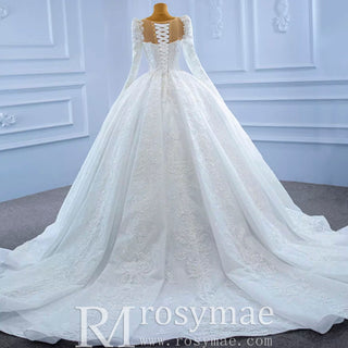 Vintage Beaded Lace Sheer Scoop Wedding Dress with Long Sleeves - Rosymae