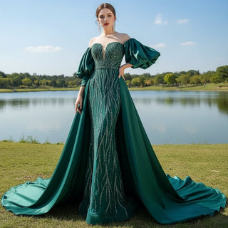 Vintage Beading Sequins Satin Prom Dress Scoop Formal Gown - Rosymae