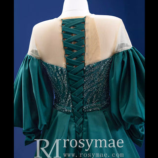 Vintage Beading Sequins Satin Prom Dress Scoop Formal Gown - Rosymae