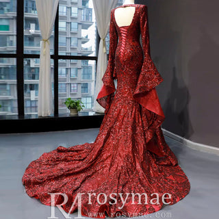 Vintage Burgundy Mermaid Pageant Dresses with Long Sleeves - Rosymae