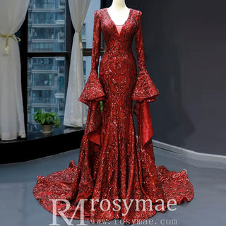 Vintage Burgundy Mermaid Pageant Dresses with Long Sleeves - Rosymae