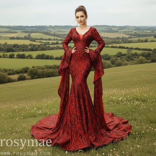Vintage Burgundy Mermaid Pageant Dresses with Long Sleeves - Rosymae
