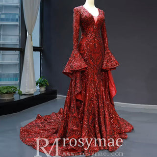 Vintage Burgundy Mermaid Pageant Dresses with Long Sleeves - Rosymae