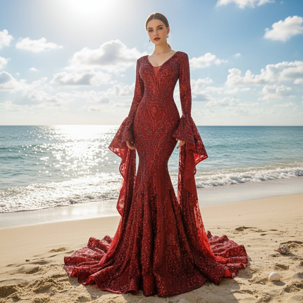 Vintage Burgundy Mermaid Pageant Dresses with Long Sleeves