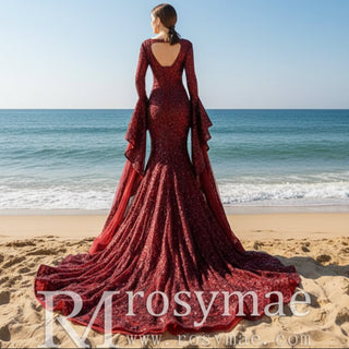 Vintage Burgundy Mermaid Pageant Dresses with Long Sleeves - Rosymae