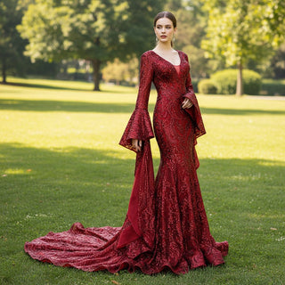 Vintage Burgundy Mermaid Pageant Dresses with Long Sleeves - Rosymae