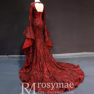Vintage Burgundy Mermaid Pageant Dresses with Long Sleeves - Rosymae