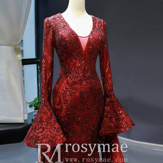 Vintage Burgundy Mermaid Pageant Dresses with Long Sleeves - Rosymae