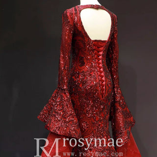Vintage Burgundy Mermaid Pageant Dresses with Long Sleeves - Rosymae