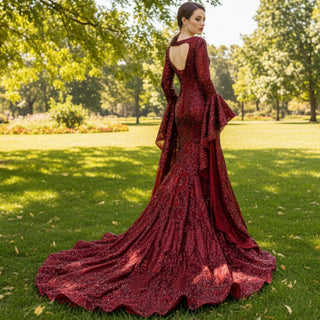 Vintage Burgundy Mermaid Pageant Dresses with Long Sleeves - Rosymae