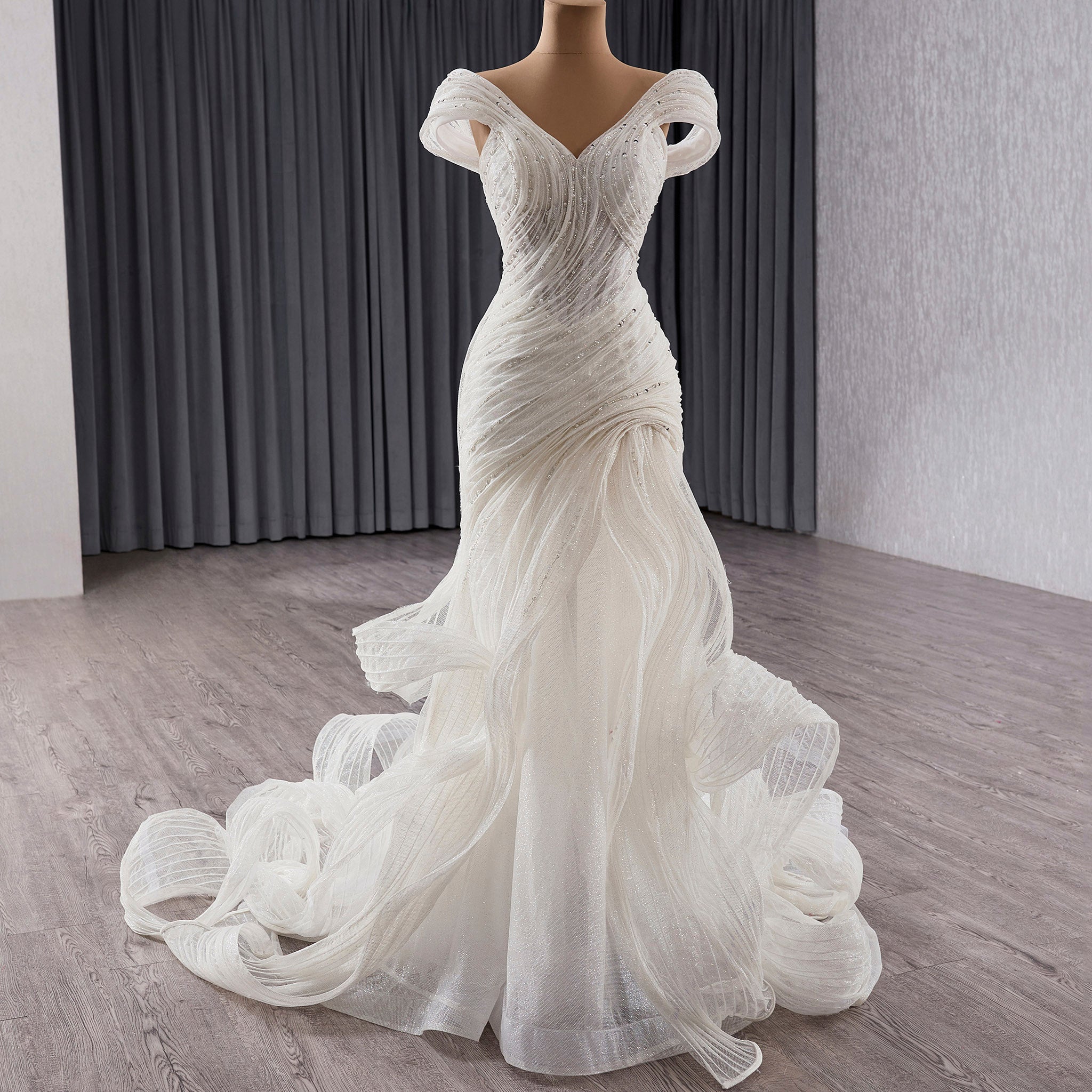 Vneck Vintage Cap sleeve Mermaid Wedding dress with Ruffled Skirt White / 18W Vneck Vintage Cap sleeve Mermaid Wedding dress with Ruffled Skirt White / 18W