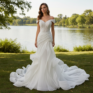 Vneck Vintage Cap sleeve Mermaid Wedding dress with Ruffled Skirt