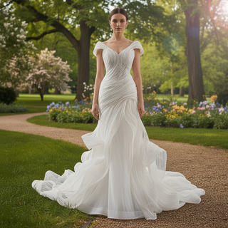 Vneck Vintage Cap sleeve Mermaid Wedding dress with Ruffled Skirt