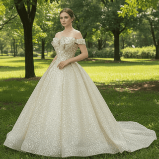 Vintage Champagne Gold Wedding Dress with Off the Shoulder - Rosymae