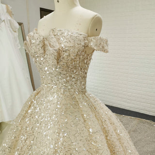 Vintage Champagne Gold Wedding Dress with Off the Shoulder - Rosymae