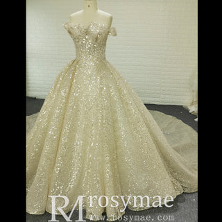 Vintage Champagne Gold Wedding Dress with Off the Shoulder - Rosymae